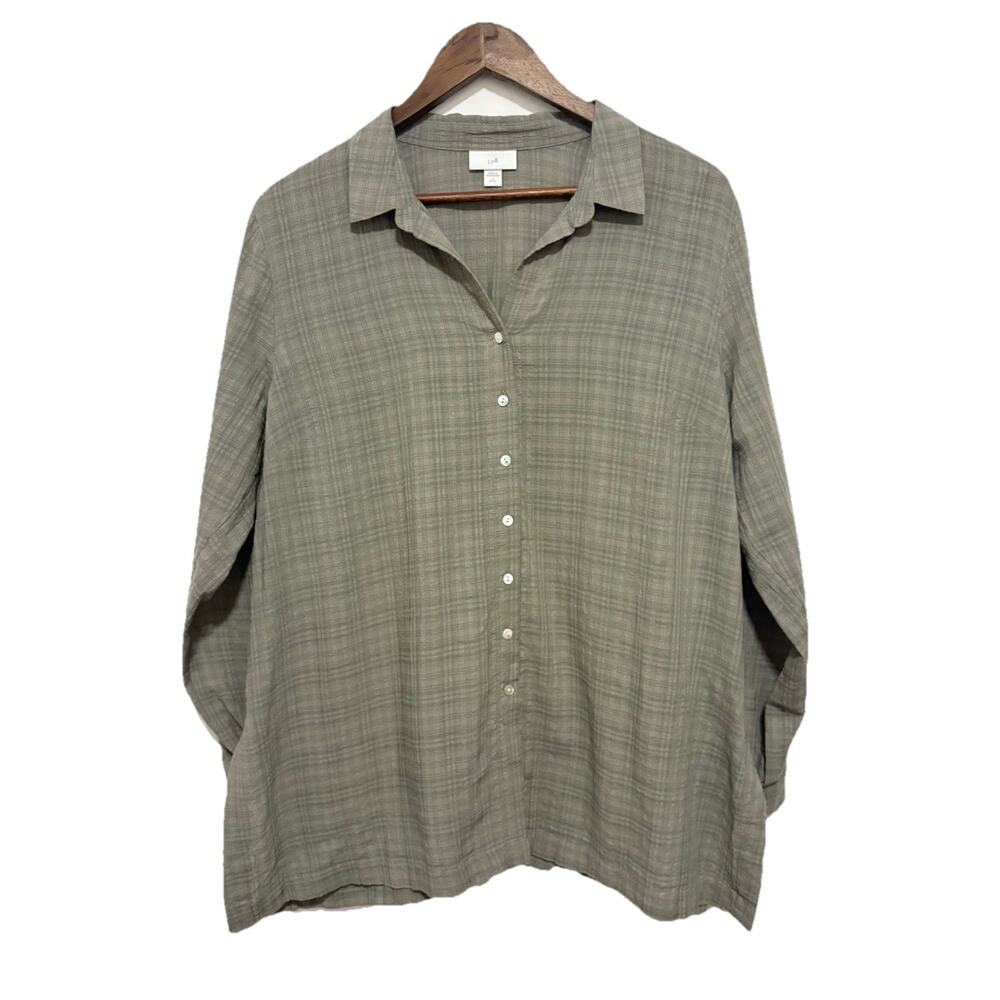 J Jill L Petite Sage Green Cotton Blend Button Front Tunic Blouse Top